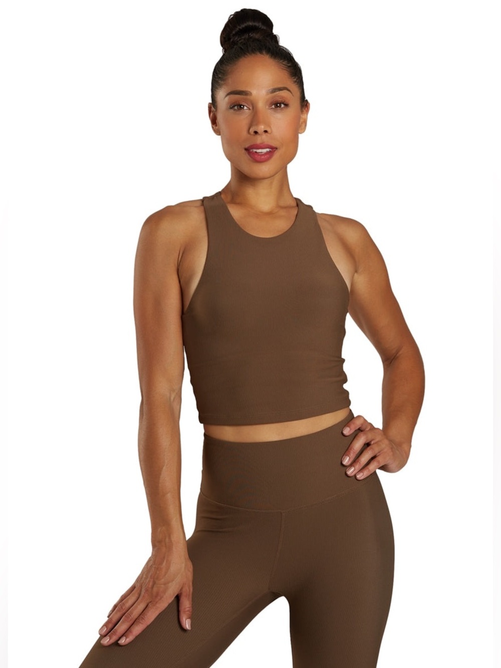 Varley Ribbed Let’s Move Kempton Cropped High-Neck Sports Bra — Dark Brown